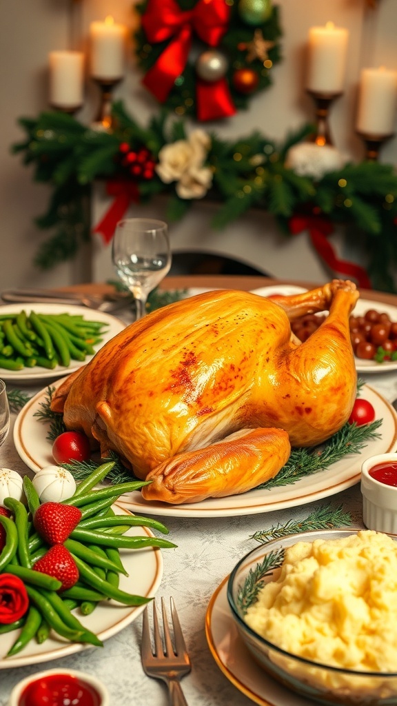 Christmas Dinner Recipe Ideas A festive Christmas dinner table with roasted turkey, mashed potatoes, green beans, and cranberry sauce.